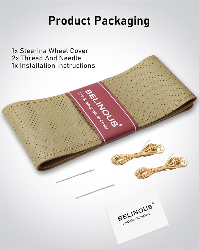 Belinous Perforated Leather Car Steering Wheel Cover (Size L4, Beige) | Stitch On Wrap, Universal fit 13-20 Inch, Whole Piece of Cowhide, DIY w/Needle Thread, Breathable Anti-Slip Design