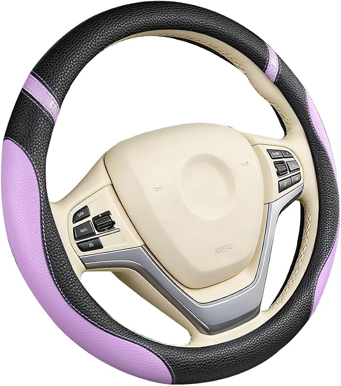 Car Steering Wheel Cover, Leather Anti-Slip Stretch Breathable Vehicle Steering Wheel Protector, Automotive Interior Protection Accessories for Men Women, Universal Fit (Black/Purple)