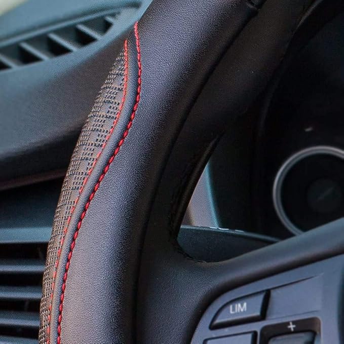 Valleycomfy Leather Steering Wheel Covers Universal 15.75 inch -Breathable, Anti Slip & Odor Free (Black with Red Lines,L(15" 1/2-16"))