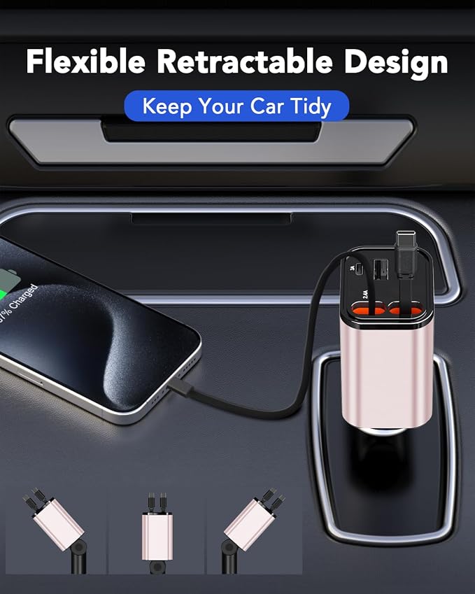 84W Retractable Car Charger,Car Phone Charger USB C Fast Charge for iPhone | EloBeth Car Charger,Cigarette Lighter USB Charger Car Accessories,Road Trip Essentials Gift for Men,for iPhone 17/16,Galaxy