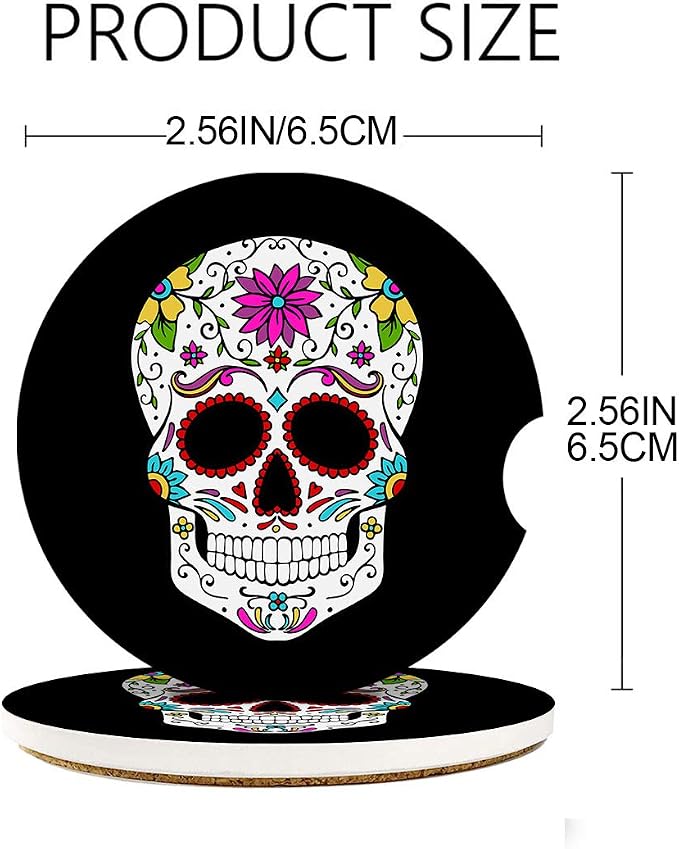 Britimes Absorbent Car Coasters 2 Pack for Cup Holders, 2.56" Ceramic Stone & Non-Scratch Cork Base Drink Coasters Sugar Skull