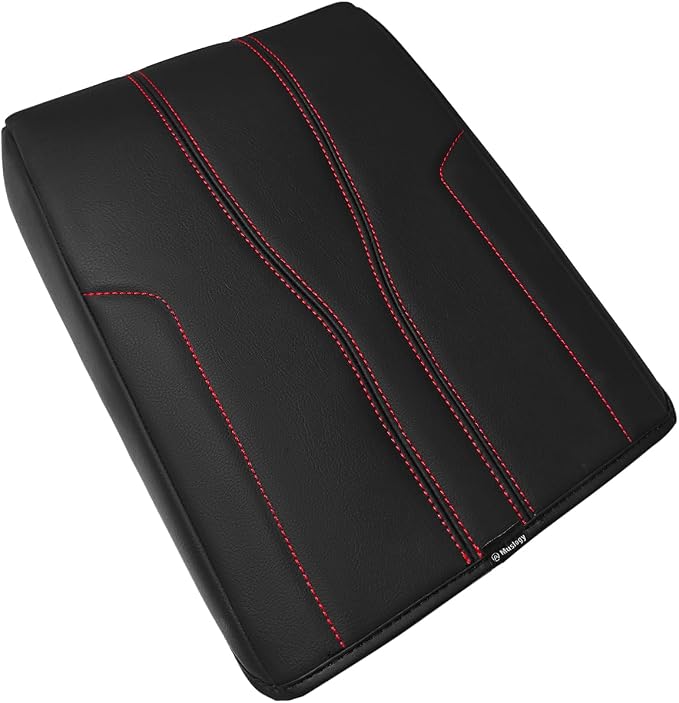 Muslogy Center Console Armrest Cover Fit for GMC Acadia & Chevrolet Chevy Traverse 2024-2026 Accessories, Comfort Armrest Pad Console Lid Cushion Vegan Leather Regular Thick (Black/White Trim)