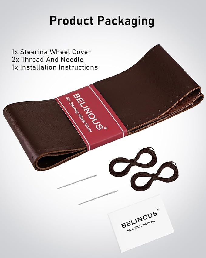 BELINOUS Leather Steering Wheel Cover Lace Up, Stitch on Steering Wheel Wrap, Universal Fit 13-20 Inch Car Truck Pickup Boat, A Whole Piece of Cowhide, DIY w/Needle Thread (Size XXL2, Coffee)