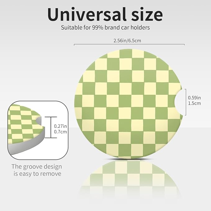 Beige Green Checkerd Car Coasters for Cup Holder Absorbent Ceramic Cup Coaster 2 Pack Anti Slip Car Interior Accessories with Finger Notch Cork Base for Women Men 2.56"