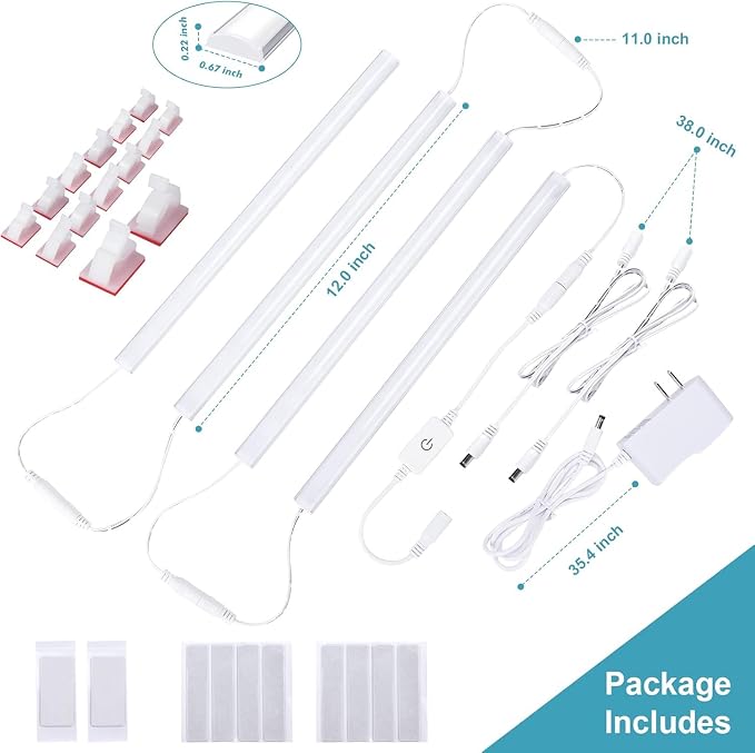 JUSJUBR Under Cabinet Lights Plug-in, 4 Pack x 12inch Warm White 3000K LED Under Cabinet Lighting, Dimmable Under Counter Lights with Memory Function, LED Light Bars for Kitchen Pantry Desk