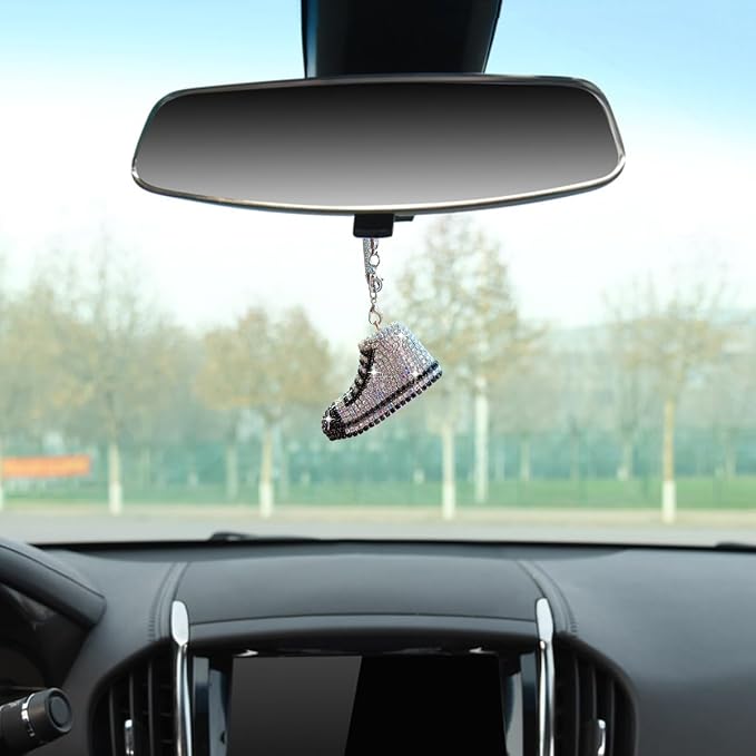 Bling Sneaker Shoe Sparkly Car Hanging Ornament, Cute Crystal Rear View Mirror Pendant, Diamond Rearview Mirror Charms, Lucky Car Interior Decor Accessories (White)