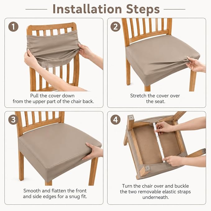 NILUOH Waterproof Seat Covers for Dining Room Chairs Set of 8, Pu Leather Chair Seat Slipcovers Dining Chair Cover Removable Washable Chair Protctor Cover, Rear Covers (PU-Taupe)