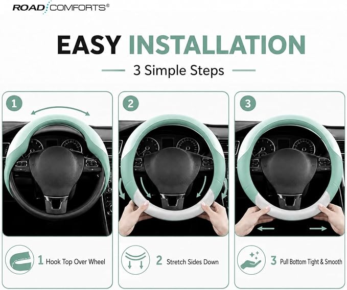 Road Comforts Steering Wheel Cover – Breathable Leather Steering Wheel Cover, Anti-Slip Grip, Universal Fit 14.5” to 15”, Heat & Cold Resistant for Cars, SUVs, and Trucks –Shining White & Mint