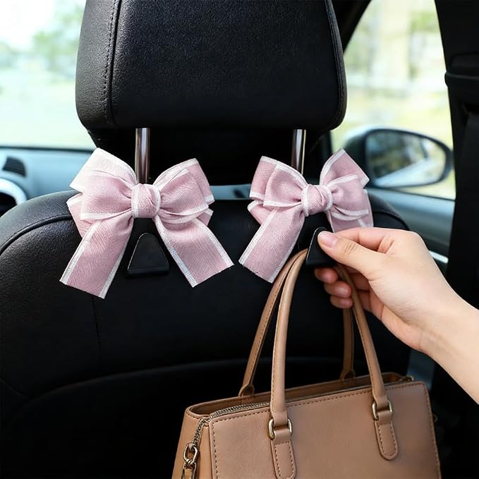 2PCS Car Seat Headrest Hooks, Car Purse Hook, Cute Bow Knot Vehicle Seatback Hanging Storage Organizer, Auto Seatback Decor Organizer Hanger for SUV Truck (Pink)