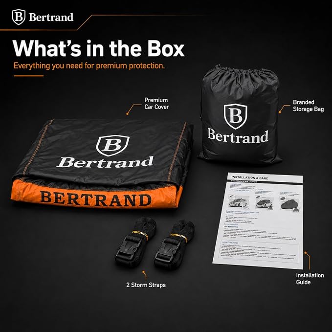 BERTRAND Heavy Duty SUV Car Cover Waterproof All Weather - Snow, Rain & UV Outdoor Protection | Cotton-Lined, Up to 8-Point Anchoring + Zipper Access | Compact-Mid SUVs, Black-Orange (177x71, S1)