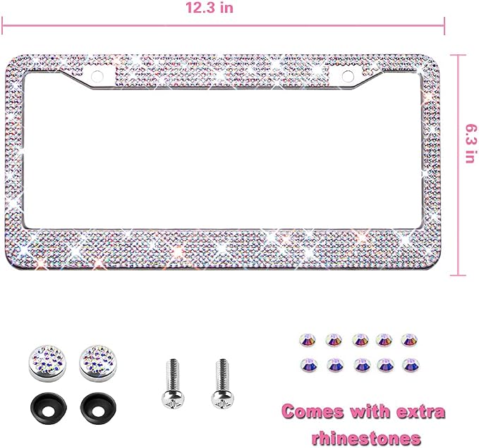 Bling License Plate Frame for Women, Sparkly Stainless Steel License Plate Frames| Over 1200 pcs 14 Facets Bedazzled Clear Glass Diamond Rhinestone Crystals w/Free Glitter Diamond 1PCS Box (Colorful)