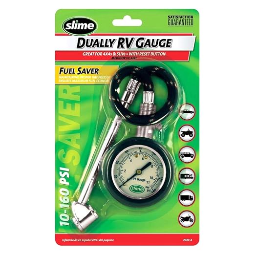 Slime 2020-A Tire Gauge, Dual Head, Dial Gauge with Hose, Tire Sensor Safe, 10-160 psi