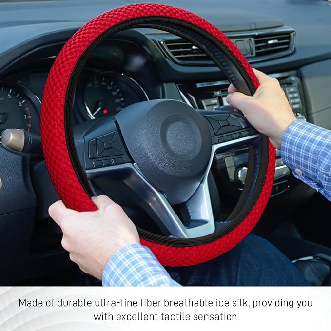 Elastic Stretch Steering Wheel Cover, Steering Wheel Protector, 15 Inch Anti-Slip Breathable Microfiber Ice Silk Protection, Easy Carry, Warm in Winter & Cool in Summer for Cars (Red)