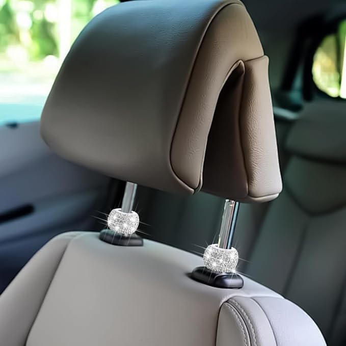 4PCS Bling Car Headrest Collars, Crystal Rhinestone Vehicle Head Rest Collars Decorative Rings, Diamond Automotive Seat Interior Charms Accessories, Universal for SUV, Sedan, Truck (White)