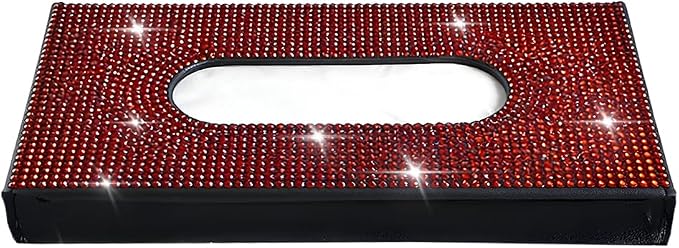 Bling Car Visor Tissue Holder, Shiny Rhinestone Leather Sun Visor Napkin Mask Case Holder Clip, Diamond AUT Paper Tissue Towel Box Dispenser, Universal Fit (Black/Red)