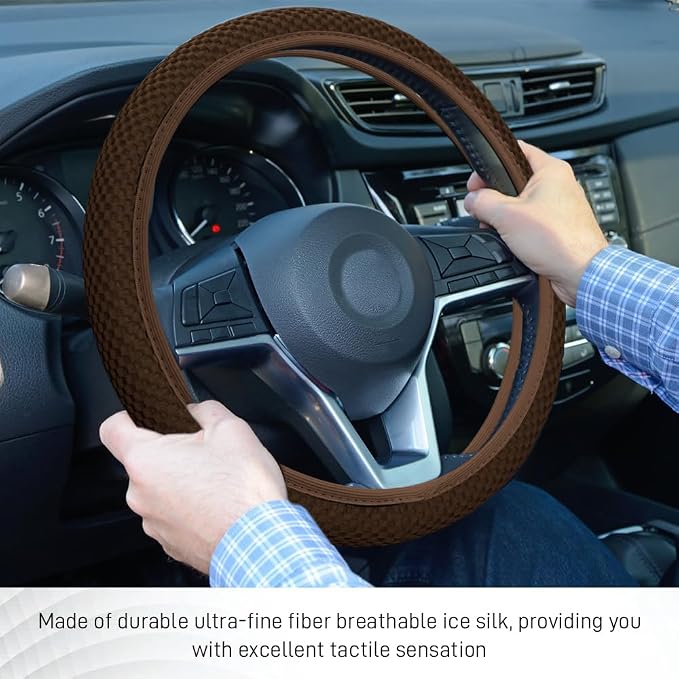 Elastic Stretch Steering Wheel Cover, Steering Wheel Protector, 15 Inch Anti-Slip Breathable Microfiber Ice Silk Protection, Easy Carry, Warm in Winter & Cool in Summer for Cars (Brown)