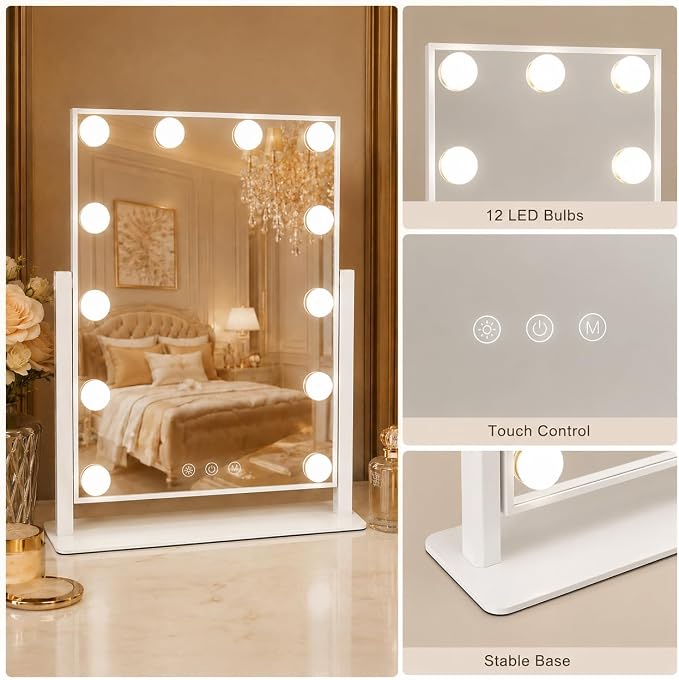 FENNIO Vertical Hollywood Vanity Mirror with Lights, 13" x 16.1" Lighted Makeup Mirror with 12 Dimmable LED Bulbs, 3 Color Lights, Touch Control, Tabletop Vanity Mirror for Makeup Desk, White