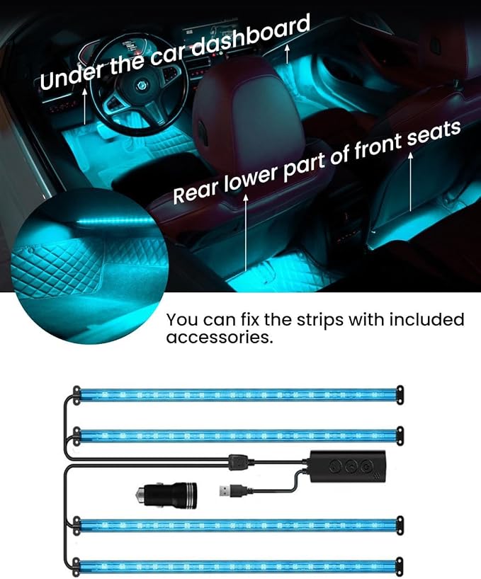 Car LED Strip Lights,72 LED Interior Strip Lights RGB with Smart APP Remote Control,Multicolor Footwell Under Dash Inside Light Kits Music Sync Mode, for Vehicle Internal, SUV, Trucks, 12V