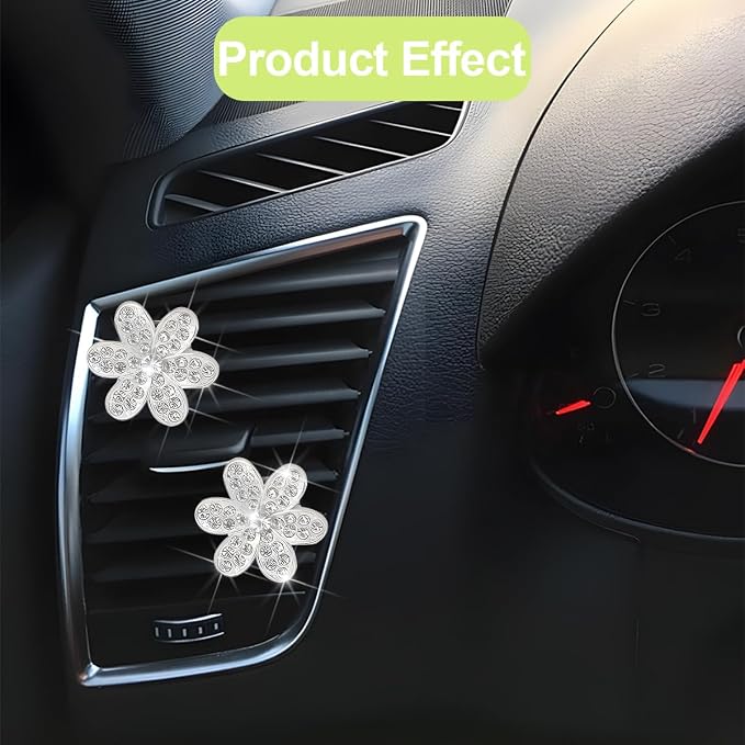 Osilly Bling Car Air Vent Clips, 4PCS/2Set Flower Rhinestone Vehicle Air Outlet Clamp, Sparkly Diamond Automotive Interior Vent Clip Charm Decor Accessories, Universal for SUV Truck RV (Silver)
