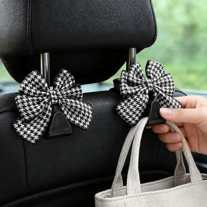 2PCS Car Seat Headrest Hooks, Car Purse Hook, Cute Bow Knot Vehicle Seatback Hanging Storage Organizer, Auto Seatback Decor Organizer Hanger for SUV Truck (Houndstooth/Black)
