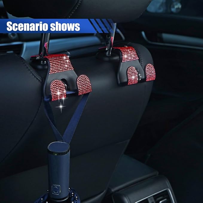 LAINLOY 2PCS Car Seat Headrest Hooks, Shiny Crystal Hanger Holder, Backseat Hanger Storage Organizer, Bling Rhinestone Car Purse Hook, Car Accessories for Women Universal for SUV Truck Vehicle (Red)
