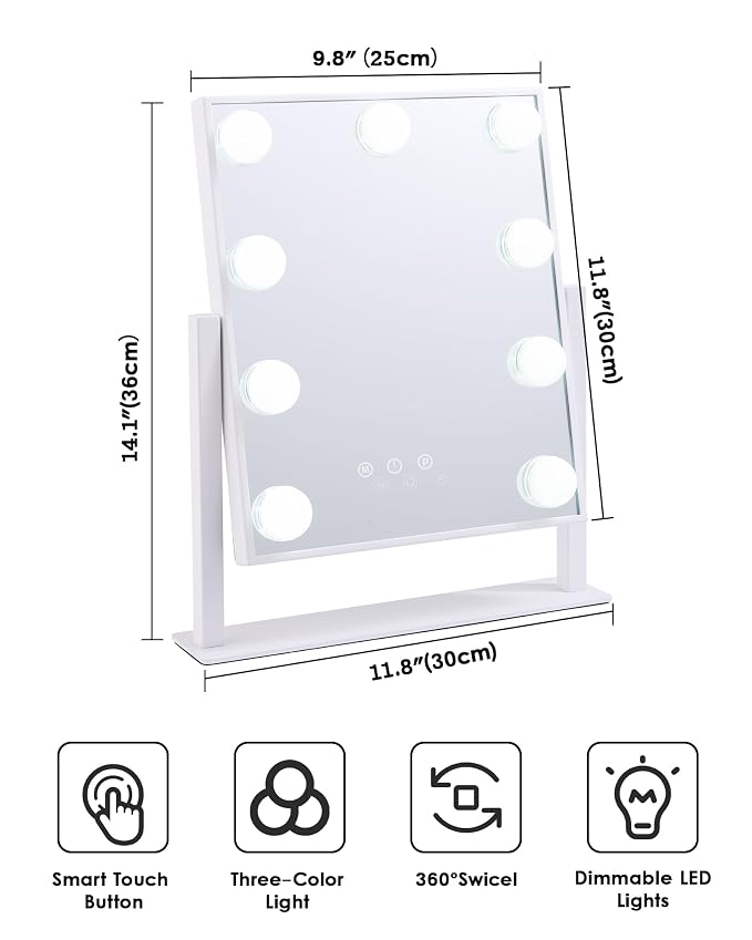 BWLLNI Lighted Makeup Mirror Hollywood Mirror Vanity Mirror with Lights, Touch Control Design 3 Colors Dimable LED Bulbs, Detachable 10X Magnification, 360°Rotation, (White) 12" L x 14" W