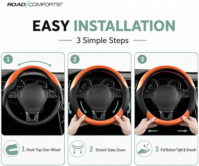 Road Comforts Steering Wheel Cover – Breathable Leather Steering Wheel Cover, Anti-Slip Grip, Universal Fit 14.5” to 15”, Heat & Cold Resistant for Cars, SUVs, and Trucks – Black & Shining Orange