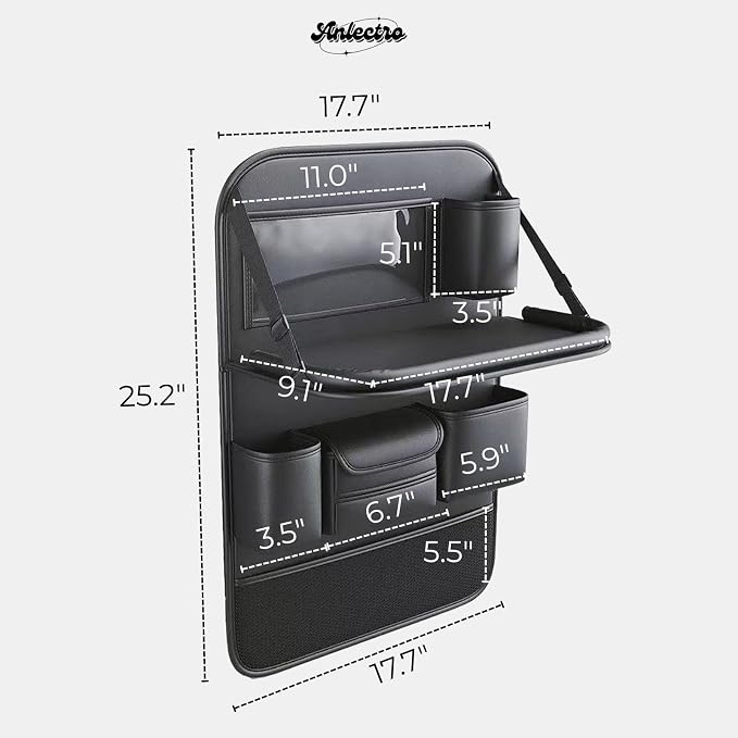 5-in-1 Backseat Car Organizer with Car Seat Tray, Car Backseat Organizers | Reinforced Fold-Down Car Seat Tray, Hidden Trash Bin, Tablet Holder, Vegan Leather, 8 Pockets