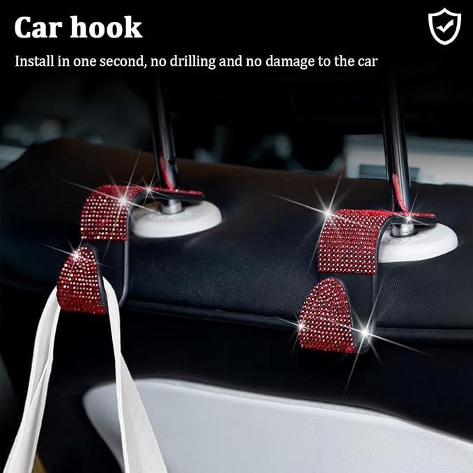 27PCS Bling Car Accessories Set for Women, 14.5-15" Crystal Rhinstone Steering Wheel Cover, License Plate Frame, USB Charger Phone Holder, Girly Auto Interior Decor Set, Universal Fit (Red)