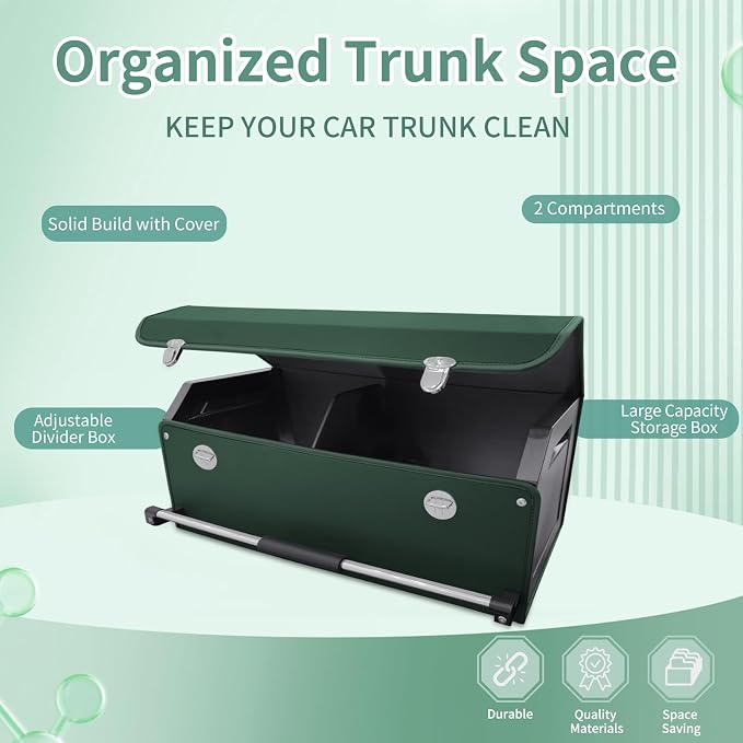 Trunk Organizer for Car with Lid Leather Trunk Organizer Car Organizer | SUV Trunk Organizer with Push-pull Handle Car Trunk Storage Organizer for Minivan, Truck, Sedan (Green, 27.1 x 11.4 x 12.2in)
