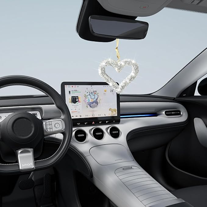 Mandark Bling Heart Car Hanging Accessories, Crystal Rhinestone Vehicle Rear View Mirror Charm Pendant Ornaments, Cute Diamond Auto Interior Hanger Decoration for Women Girls(Silver)