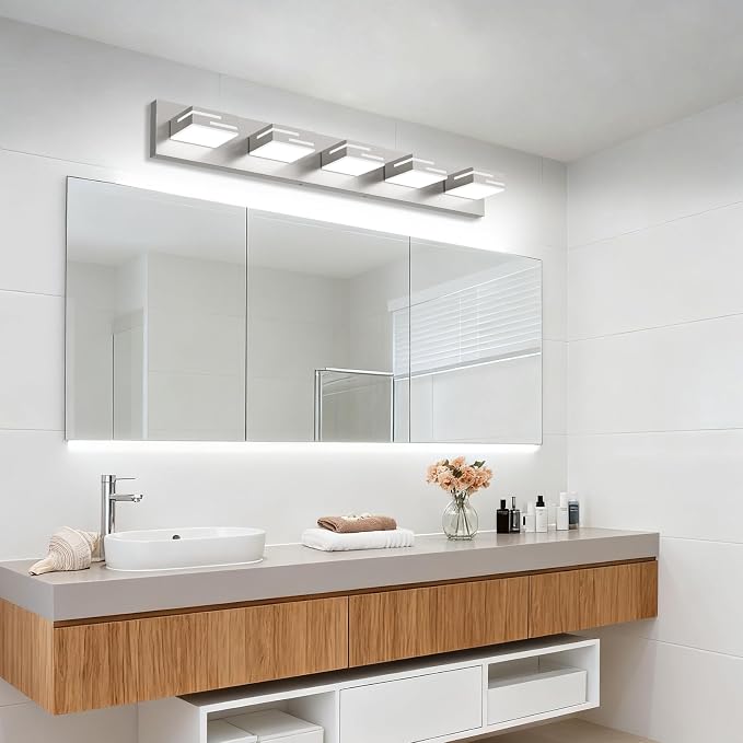 LED Modern Bathroom Vanity Light Fixtures, Dimmable Brushed Nickel Vanity Lights for Bathroom Lighting Fixtures Over Mirror, with 360° Rotatable Acrylic Heads 5-Light 36-inch (Cool White 6000K)