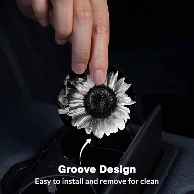 Sunflower Car Cup Holder Coaster 2 Pack Absorbent Ceramic Car Coasters for Cup Holders Car Accessories Interior for Women Men Universal Anti Slip Cork Base Cup Coasters with Finger Notch