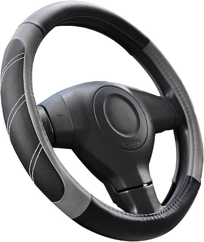 Osilly Car Steering Wheel Cover, 14.5-15" Leather Breathable Anti-Slip Stylish Steering Wheel Protector, Comfortable Auto Interior Decoration Accessories, Universal for SUV Van Truck (Black Gray)
