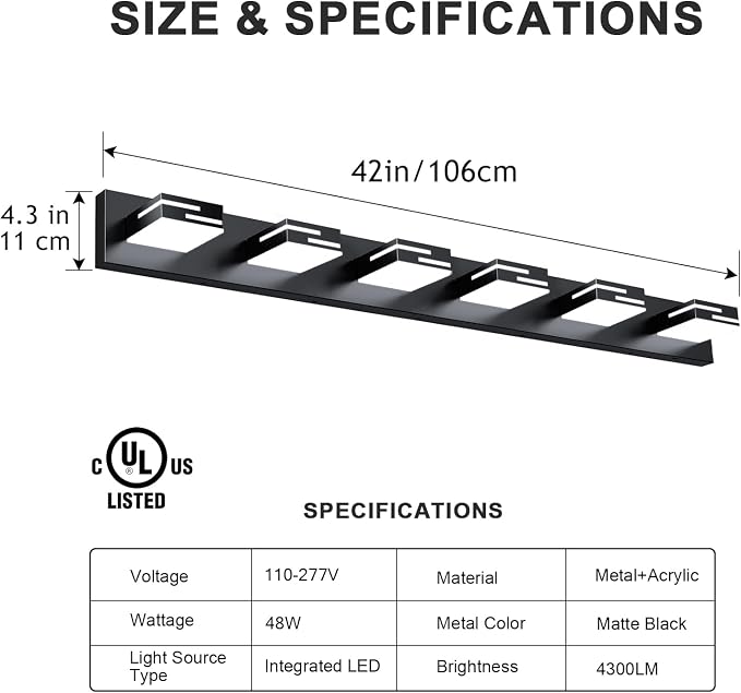 LED Modern Bathroom Vanity Light Fixtures, Dimmable Matte Black Vanity Lights for Bathroom Lighting Fixtures Over Mirror, with 360° Rotatable Acrylic Heads 6-Light 42-inch 5CCT