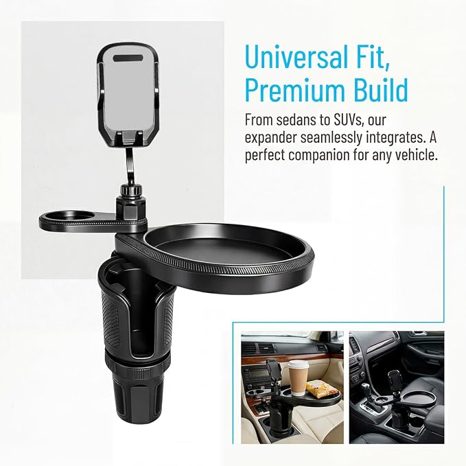 Car Cup Holder Tray, 4-in-1 Vehicle Drink Holder Expander Adapter with Phone Holder & Food Tray Table, Auto Center Console Cupholder Eating Table Organizer for Road Trip, Universal Fit (Gray)