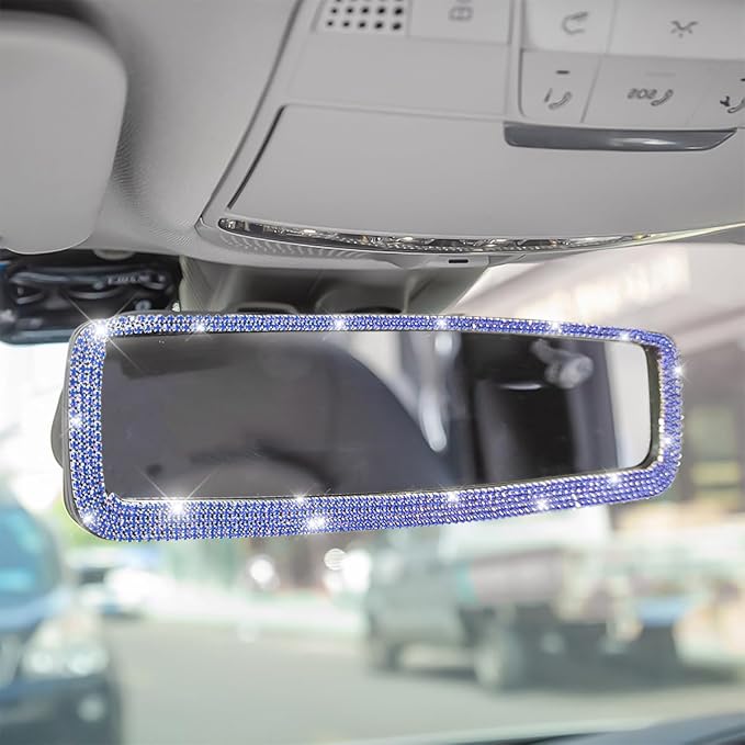 Osilly Bling Car Rearview Mirror, Decorations Rear View Mirror with Crystal Rhinestones & Diamonds, Car Interior Trim Accessories, Clip-on & HD Glass, Sparkly Gift for Mother Women Girls (Blue)