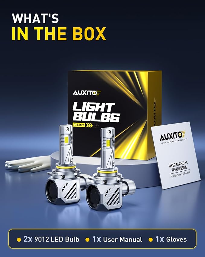 AUXITO 9012 LED Bulbs, 50000LM 1000% Brightness, 6500K White, 1:1 Mini Size, Non-Polarity Plug and Play, HIR2 Halogen Fog Lamp Replacement, Canbus Ready, Pack of 2