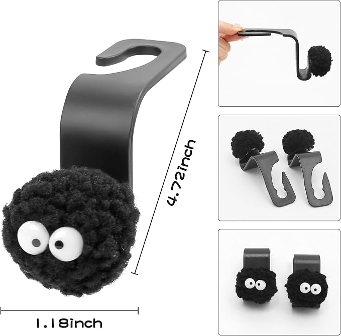Car Seat Headrest Hook, Soot Sprites Purse Hook Holder Cute Car Storage Organizer Universal Vehicle Hanger for Hanging Handbag Grocery Bags (4 Pack)