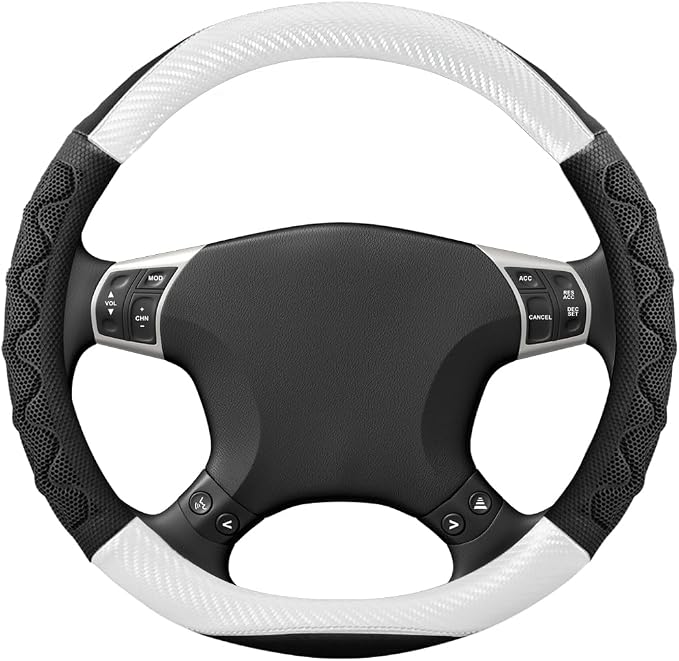 HZEL Car Steering Wheel Cover, Carbon Fiber Breathable Soft Grip Vehicle Steering Wheel Protector with Anti-Slip Lining, Automotive Interior Protective Decor Accessories, Universal Fit (White)