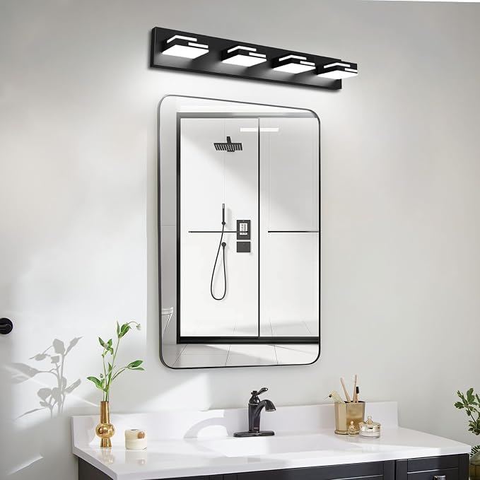 LED Modern Bathroom Vanity Light Fixtures, Dimmable Matte Black Vanity Lights for Bathroom Lighting Fixtures Over Mirror, with 360° Rotatable Acrylic Heads 4-Light 30-inch (Cool White 6000K)