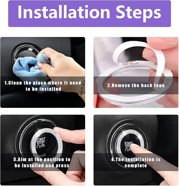 Ziciner 2 Pack Bling Car Cup Holder Coasters with Start Stop Button Cover, 2.75 inch Crystal Rhinestone Soft Rubber Auto Cup Insert Pad, Non-Slip Universal Vehicle Interior Accessories (Purple)