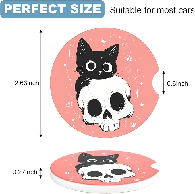 2 Pack Car Cup Holder Coaster, 2.63 inch Anti Slip Insert Absorbent Ceramic Car Coaster with Cork Base and Finger Notch, Cute Car Accessories Interior for Women, Cute Car Coasters.
