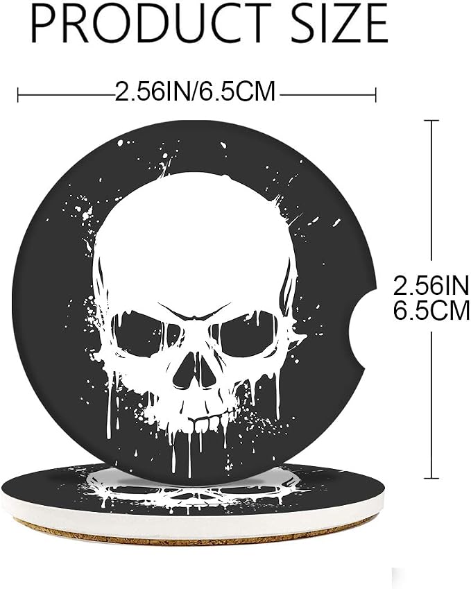 Britimes Absorbent Car Coasters 2 Pack for Cup Holders, 2.56" Ceramic Stone & Non-Scratch Cork Base Drink Coasters Skull1