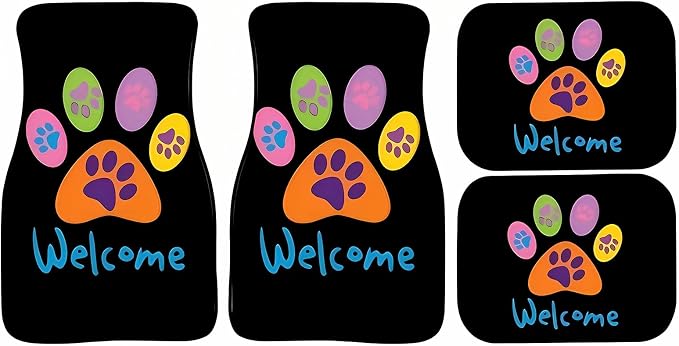 Universal Fit Car Floor Mats Set of 4Pcs, Colored Paw Prints All-Weather Front Rear Car Carpet Mats, Non-Slip Car Floor Mat Car Accessories for Automotive Trucks SUV Sedans Vans