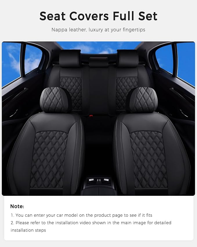 Huidasource Car Seat Covers Full Set, Seat Covers Nappa Leather Universal Fit for Most Cars, Vans, Trucks, SUVs, Compatible with Airbags, Child Seat, Car Seat Cover Velcro Adjustable (Full Set/Black)