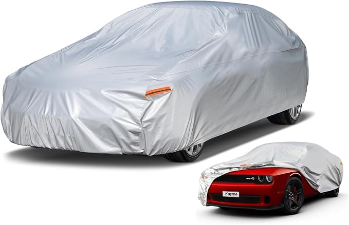 Kayme 6 Layers Car Cover Custom Fit for Dodge Challenger SXT SRT Hellcat Demon R/T (2008-2025) Waterproof All Weather for Automobiles, Outdoor Full Cover Rain Sun UV Protection.Silver