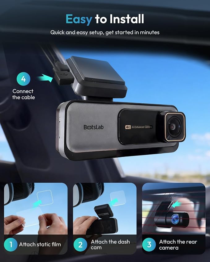 BOTSLAB 4K Dash Cam Front and Rear, 170° Ultra Wide Car Camera, 4K+2K Dashcam with ADAS, Night Vision, 24/7 Parking Mode, STARVIS Sensor, WDR, 5.8GHz WiFi, Built-in GPS, Loop Recording (No SD Card)