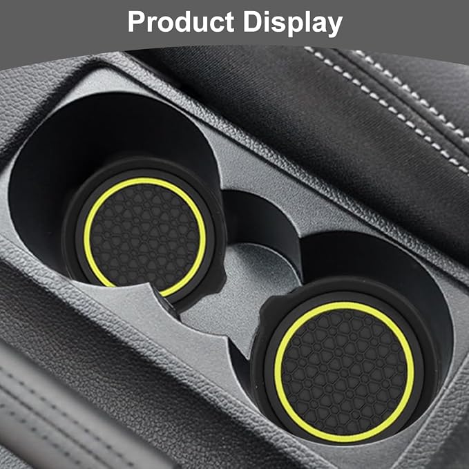 HZEL Car Cup Holder Coasters, 2PCS Non Slip Waterproof Vehicle Water Bottle Pads, Recessed Automotive Drink Mat Decoration Accessories, Universal Fit (Yellow/Black)