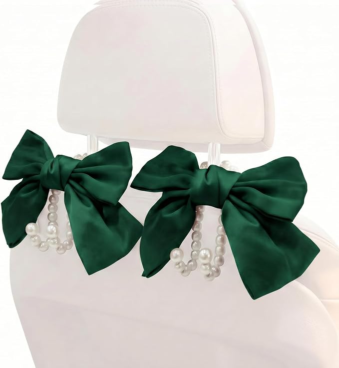 2PCS Satin Bow Pearl Car Seat Headrest Hooks β Car Bag Holder & Vehicle Hanger for Purses β Cute Coquette Aesthetic Interior Decoration β Cute Auto Organizer Accessories Universal (Galactic Green)